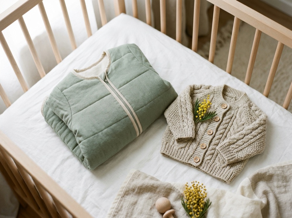 Une gigoteuse vert sauge pliée et un gilet en laine dans un lit de bébé