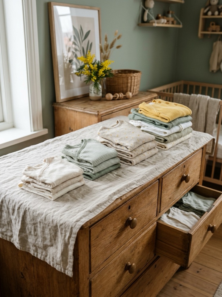 Piles de bodies et de pyjamas pliés, de la plus petite à la plus grande taille, sur une commode en bois