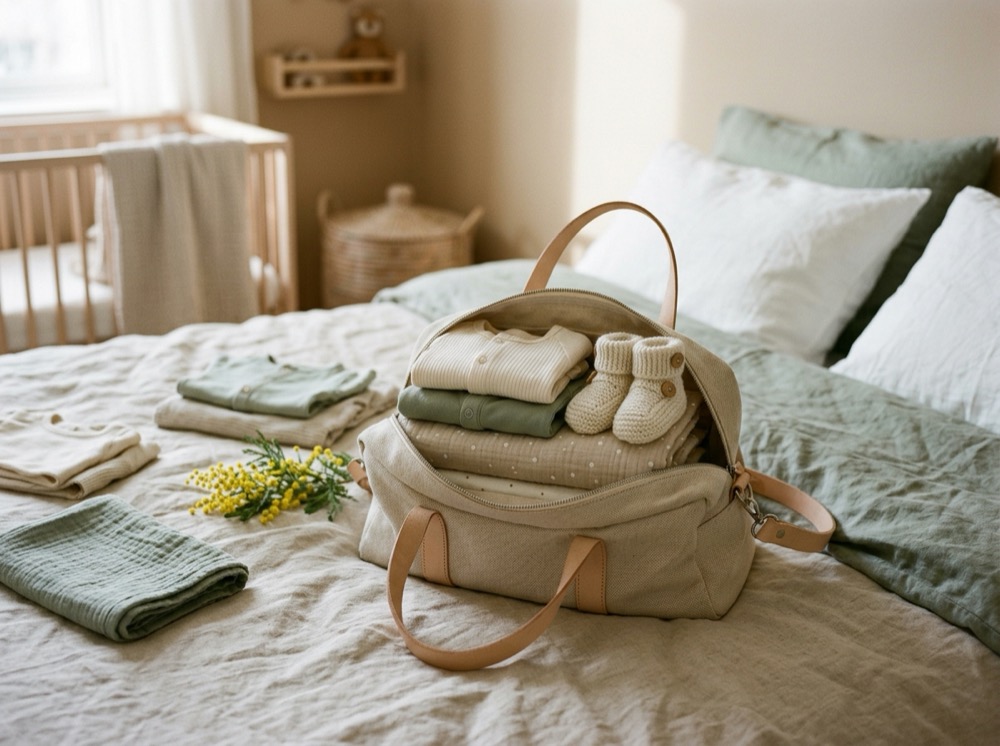 Un sac de maternité ouvert avec de petits vêtements pliés et des chaussons tricotés